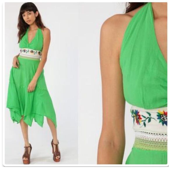 Mexican Bright Green Summer Hankerchief Crochet Halter Women’s Dress size large - Picture 1 of 9